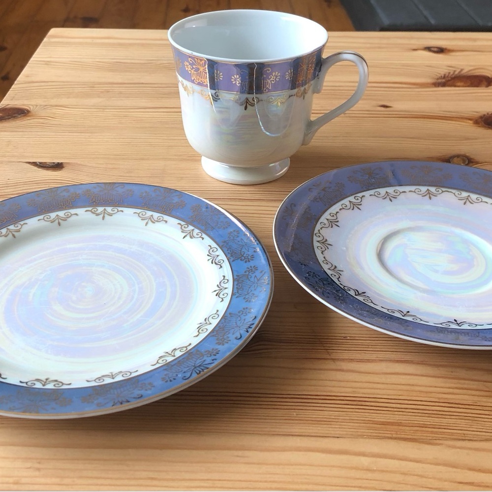 Antique Blue and Gold Trimmed Dinnerware
